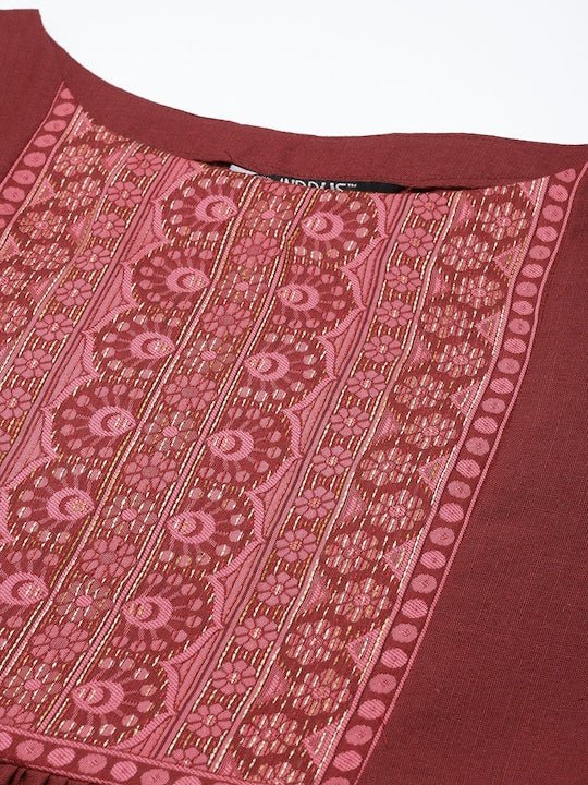 Women Maroon Yoke Design Pleated Kurta with Trousers - Inddus.com