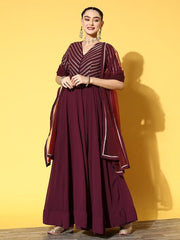 Women Mauve Embroidered Georgette Anarkali Kurta With Dupatta - Inddus.com