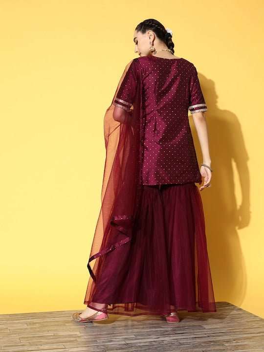 Women Mauve Embroidered Kurti with Sharara & With Dupatta - Inddus.com