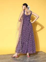 Women Mauve Ethnic Motifs Printed Georgette Kurta With Dupatta - Inddus.com