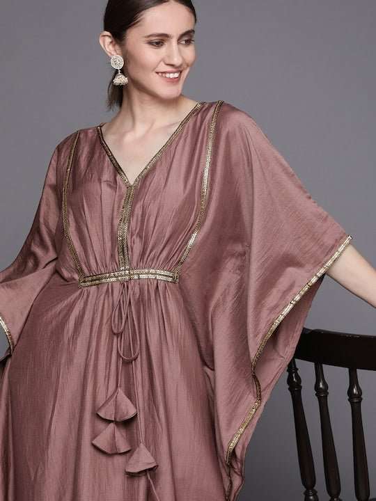 Women Mauve Flared Sleeves Gotta Patti Kaftan Kurta - Inddus.com