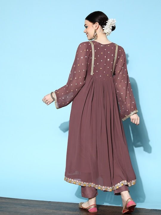 Women Mauve Floral Yoke Design Thread Work Kurta with Trousers - Inddus.com