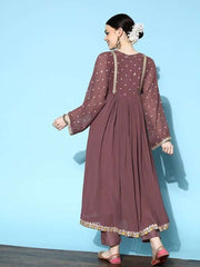 Women Mauve Floral Yoke Design Thread Work Kurta with Trousers - Inddus.com