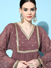 Women Mauve Floral Yoke Design Thread Work Kurta with Trousers - Inddus.com