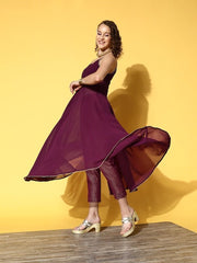 Women Mauve High Slit Gotta Patti Kurta with Trousers & With Dupatta - Inddus.com