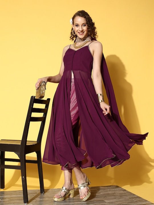 Women Mauve High Slit Gotta Patti Kurta with Trousers & With Dupatta - Inddus.com