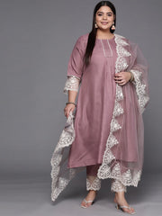 Women Mauve & White Solid Lace Inserts Kurta with Trousers & Net Dupatta - Inddus.com