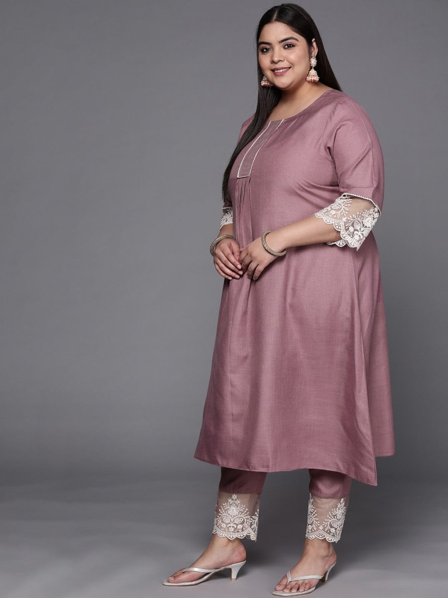 Women Mauve & White Solid Lace Inserts Kurta with Trousers & Net Dupatta - Inddus.com
