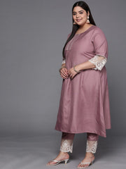 Women Mauve & White Solid Lace Inserts Kurta with Trousers & Net Dupatta - Inddus.com