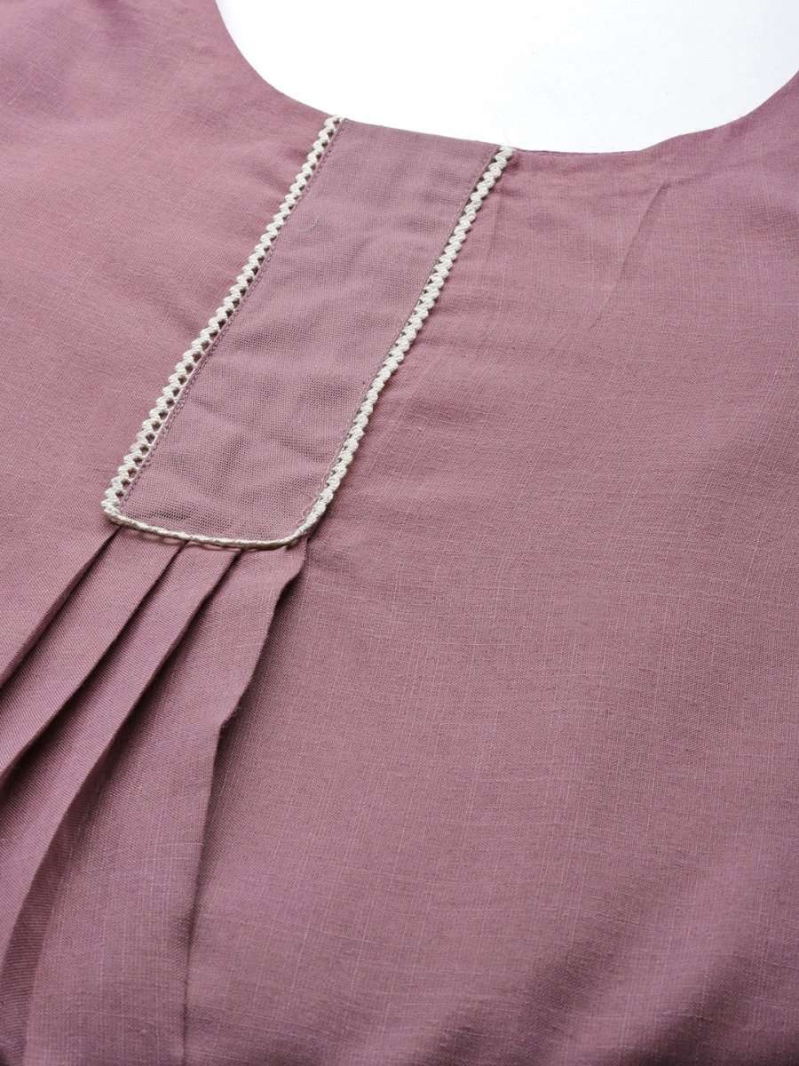 Women Mauve & White Solid Lace Inserts Kurta with Trousers & Net Dupatta - Inddus.com