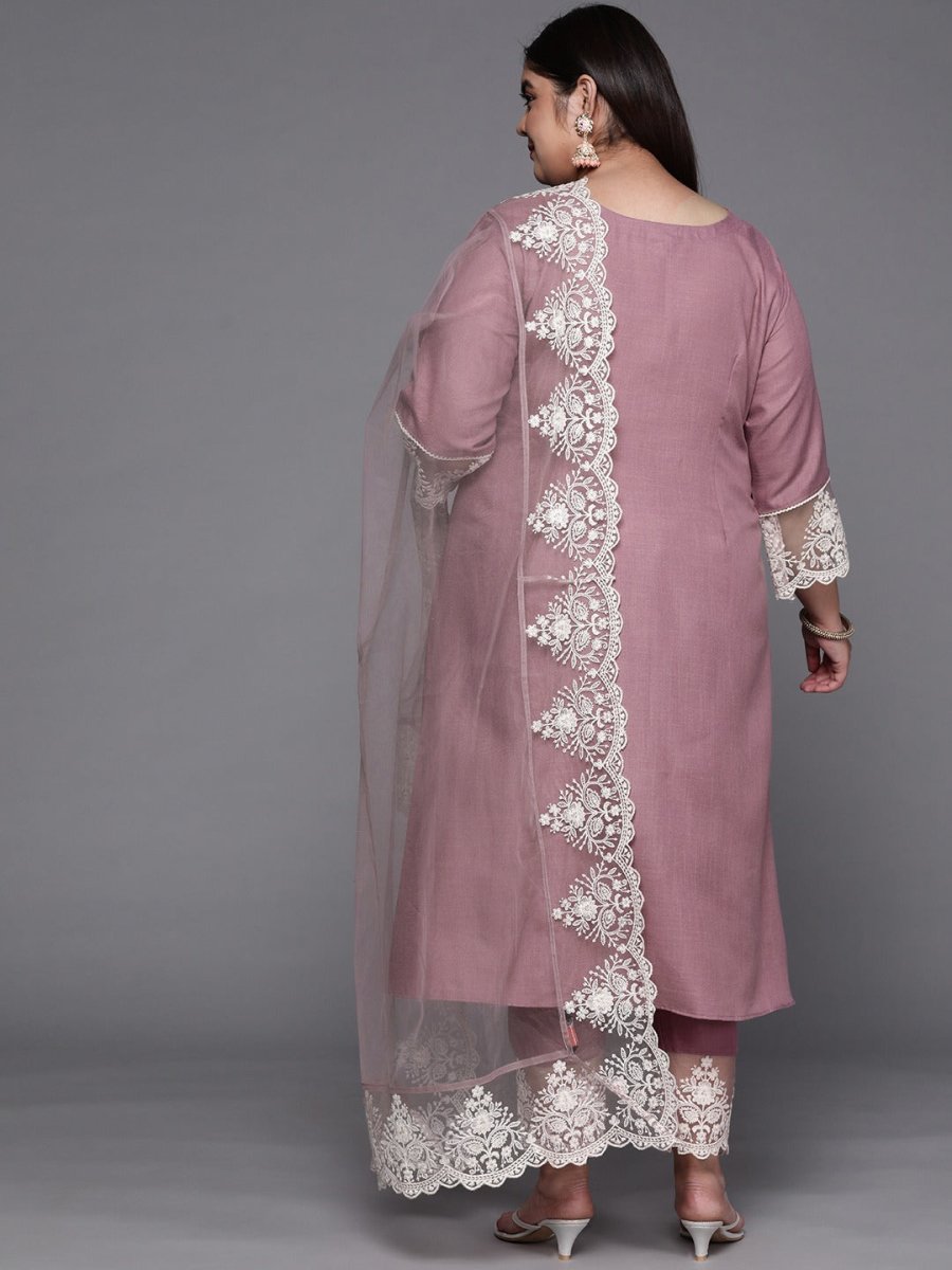 Women Mauve & White Solid Lace Inserts Kurta with Trousers & Net Dupatta - Inddus.com