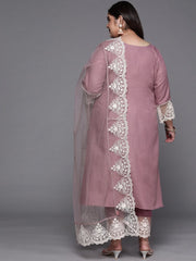 Women Mauve & White Solid Lace Inserts Kurta with Trousers & Net Dupatta - Inddus.com
