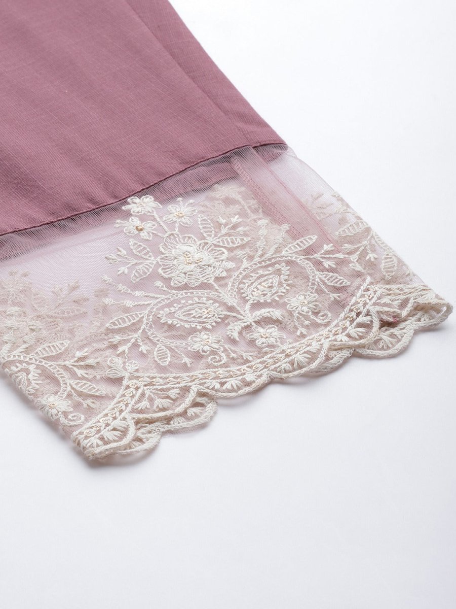 Women Mauve & White Solid Lace Inserts Kurta with Trousers & Net Dupatta - Inddus.com