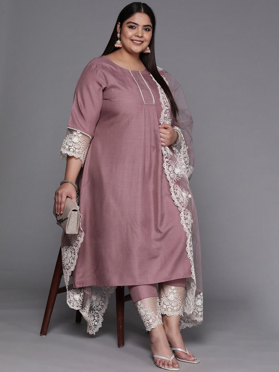 Women Mauve & White Solid Lace Inserts Kurta with Trousers & Net Dupatta - Inddus.com