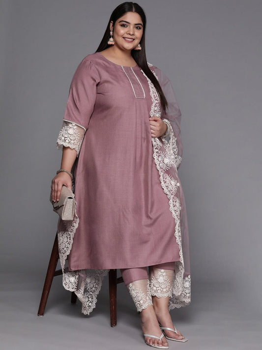 Women Mauve & White Solid Lace Inserts Kurta with Trousers & Net Dupatta - Inddus.com