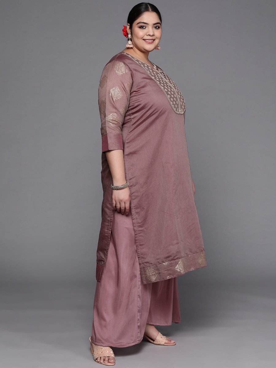 Women Mauve Yoke Design Chanderi Cotton Kurta with Palazzos & Dupatta - Inddus.com