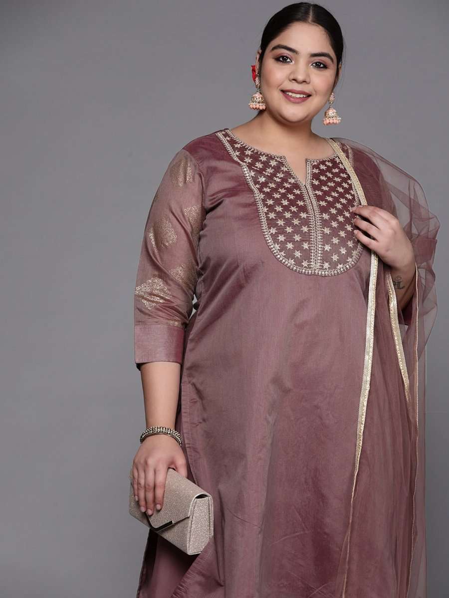 Women Mauve Yoke Design Chanderi Cotton Kurta with Palazzos & Dupatta - Inddus.com