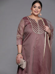 Women Mauve Yoke Design Chanderi Cotton Kurta with Palazzos & Dupatta - Inddus.com