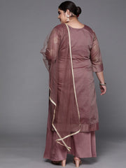 Women Mauve Yoke Design Chanderi Cotton Kurta with Palazzos & Dupatta - Inddus.com