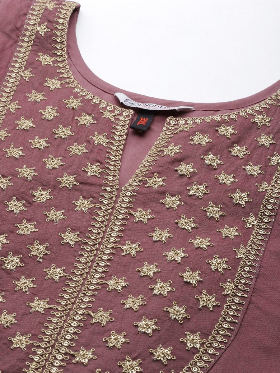 Women Mauve Yoke Design Chanderi Cotton Kurta with Palazzos & Dupatta - Inddus.com