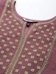 Women Mauve Yoke Design Chanderi Cotton Kurta with Palazzos & Dupatta - Inddus.com