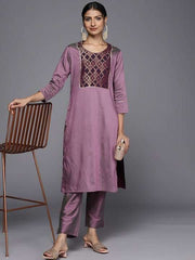 Women Mauve Yoke Design Kurta with Trousers - Inddus.com