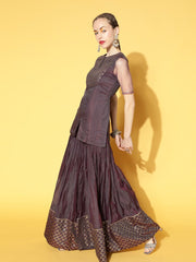Women Mauve Yoke Design Sequinned Chanderi Cotton Kurti With Sharara & Dupatta - Inddus.com