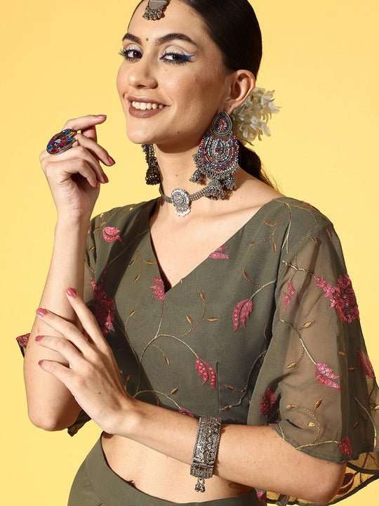 Women Mehndi Green Skirt Drape Saree with Embroidered Blouse Piece - Inddus.com