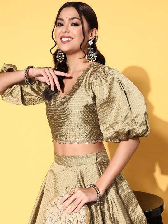 Women Metallic Beige Woven Design Top Skirt - Inddus.com