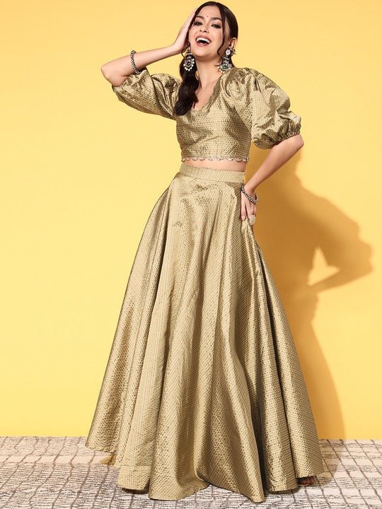 Women Metallic Beige Woven Design Top Skirt - Inddus.com