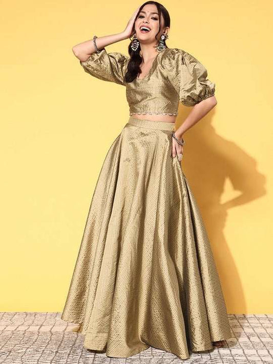 Women Metallic Beige Woven Design Top Skirt - Inddus.com