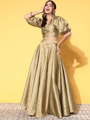 Women Metallic Beige Woven Design Top Skirt - Inddus.com