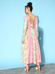 Women Multicoloured Floral Printed Pleated Kurta With Trousers - Inddus.com