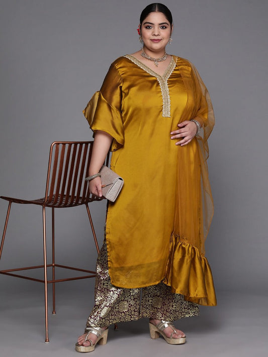 Women Mustard Yellow Beads and Stones Kurta with Palazzos & With Dupatta - Inddus.com