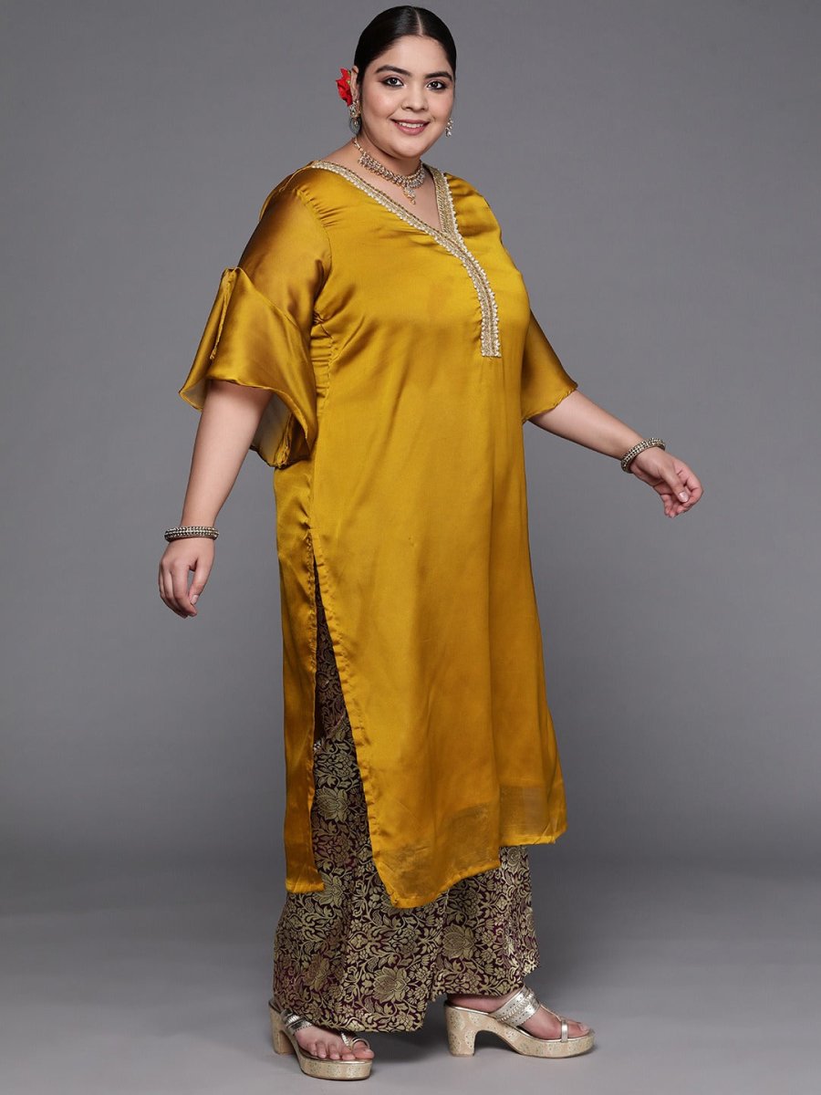 Women Mustard Yellow Beads and Stones Kurta with Palazzos & With Dupatta - Inddus.com