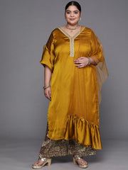 Women Mustard Yellow Beads and Stones Kurta with Palazzos & With Dupatta - Inddus.com
