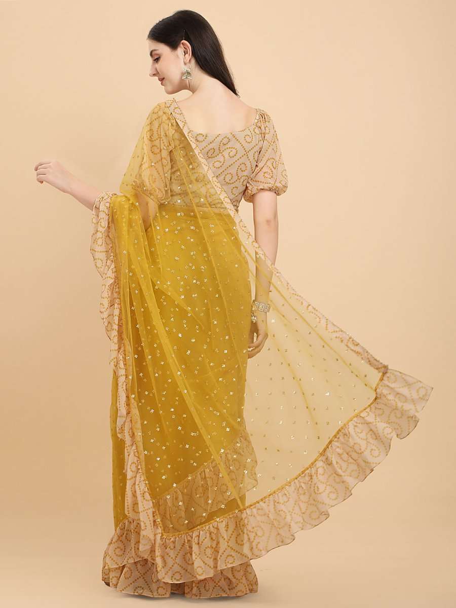 Women Mustard Yellow Embroidered Bandhani Ruffle Saree with Blouse Piece - Inddus.com
