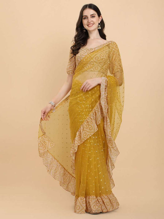 Women Mustard Yellow Embroidered Bandhani Ruffle Saree with Blouse Piece - Inddus.com