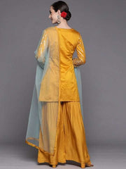 Women Mustard Yellow Mirror Work Kurta with Sharara & With Dupatta - Inddus.com