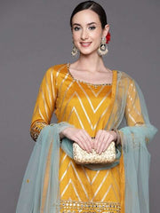Women Mustard Yellow Mirror Work Kurta with Sharara & With Dupatta - Inddus.com