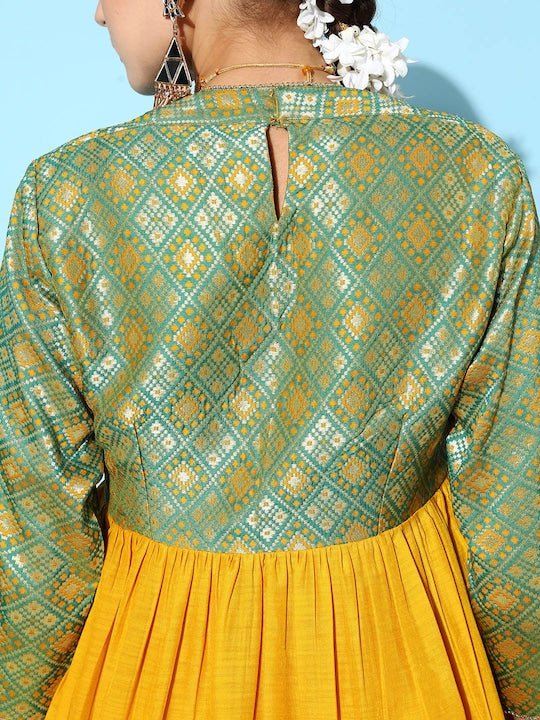 Women Mustard Yellow Pleated Kurta with Trousers - Inddus.com