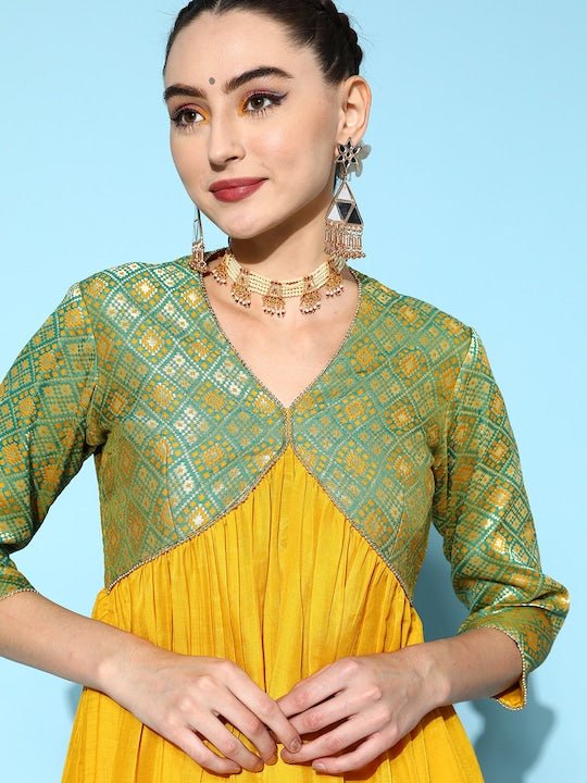 Women Mustard Yellow Pleated Kurta with Trousers - Inddus.com