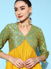 Women Mustard Yellow Pleated Kurta with Trousers - Inddus.com