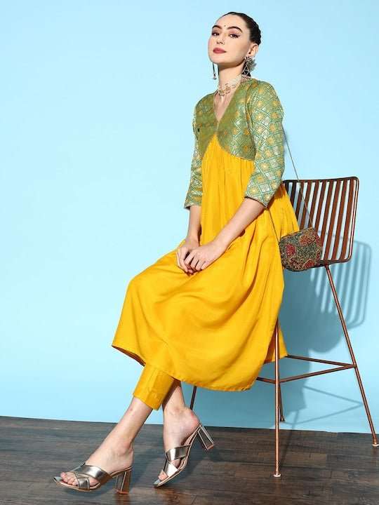 Women Mustard Yellow Pleated Kurta with Trousers - Inddus.com