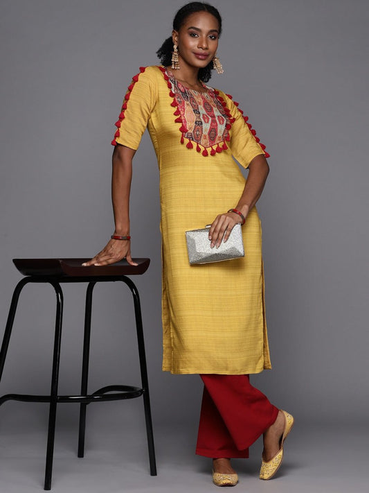 Women Mustard Yellow & Red Ethnic Motifs Printed Kurta - Inddus.com
