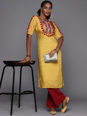 Women Mustard Yellow & Red Ethnic Motifs Printed Kurta - Inddus.com