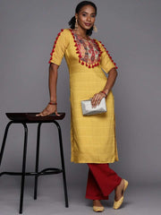 Women Mustard Yellow & Red Ethnic Motifs Printed Kurta - Inddus.com