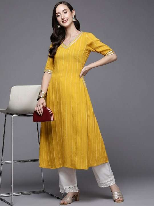 Women Mustard Yellow Striped Gotta Patti Kurta - Inddus.com