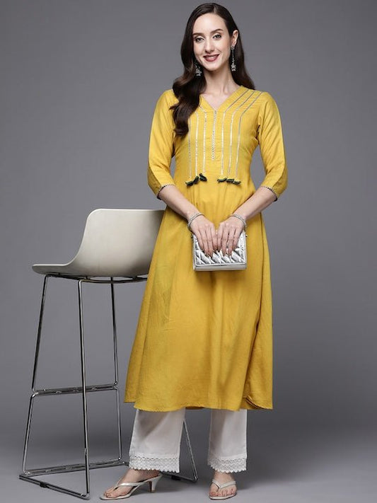 Women Mustard Yellow Woven Design Gotta Patti Kurta - Inddus.com