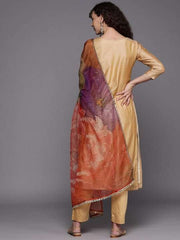 Women Mustard Yellow Yoke Design Mirror Work Chanderi Cotton Kurta with Trousers & With Dupatta - Inddus.com